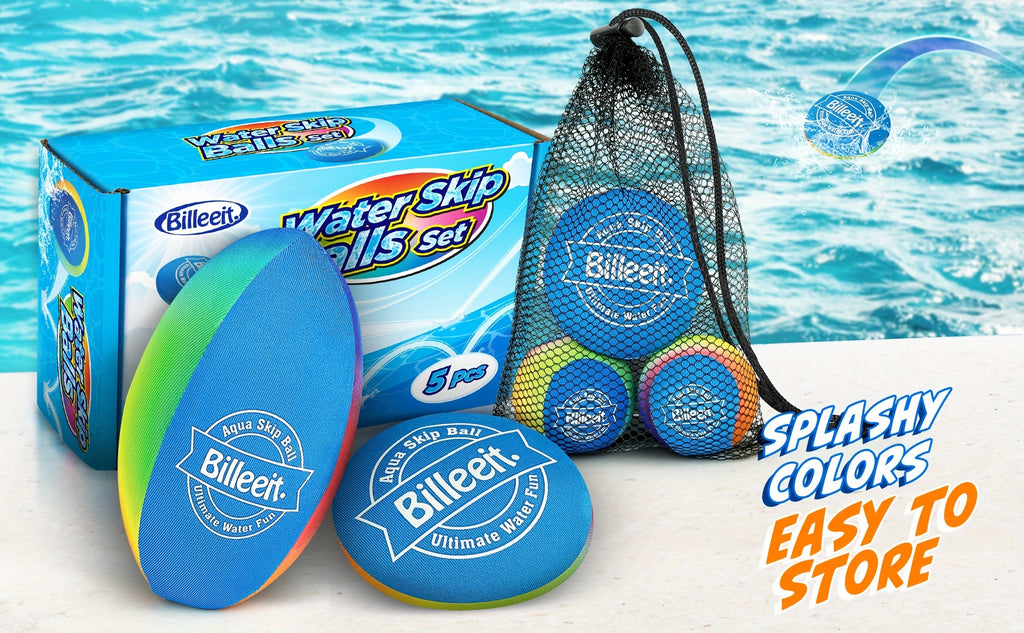 Billeeit Water Skipping Balls Set for Pool Play, Include 1 Rugby, 2 Balls and 2 Discs, Rainbow Color Splash Water Bouncing Balls, Fun Beach Toys & Games, Summer Gift for Kids 3+ 4-8-12 and Adults
