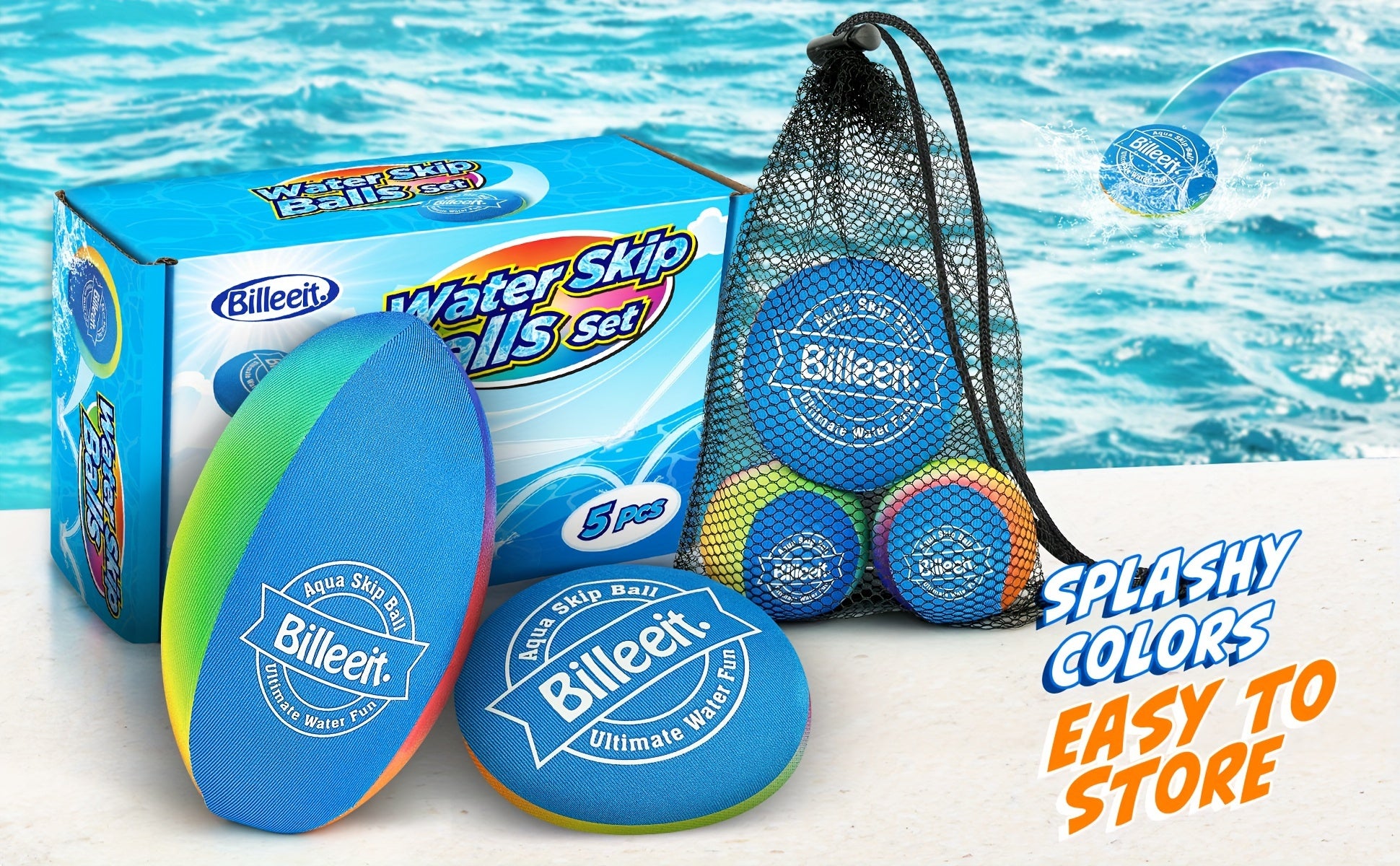 Billeeit Water Skipping Balls Set for Pool Play, Include 1 Rugby, 2 Balls and 2 Discs, Rainbow Color Splash Water Bouncing Balls, Fun Beach Toys & Games, Summer Gift for Kids 3+ 4-8-12 and Adults