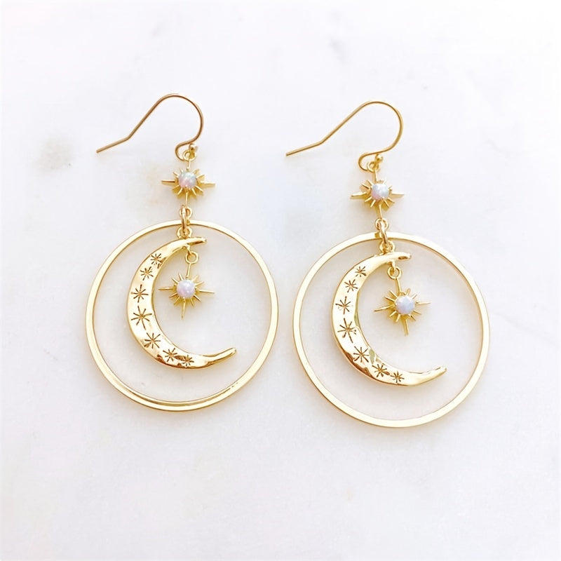 Elegant Boho-Chic Golden-Tone Moonstone Dangle Earrings for Women - Crescent Moon with Star Motifs, Zinc Alloy, Perfect for Daily Wear & Parties, Moon Earrings