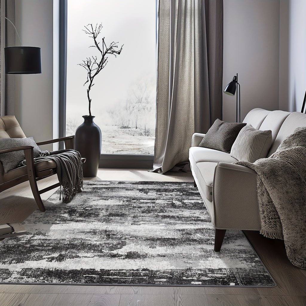 Dark Gray and Black Modern Abstract Striped Area Mat - Non-Slip Backing, Soft Polyester Fabric, Machine Washable for Living Room or Bedroom Decor, Rugs for Living Room