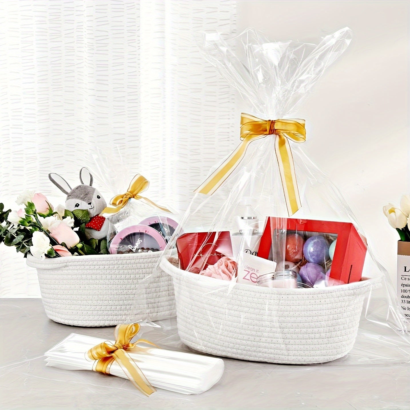 2Pack Cute Small Woven Gift Basket With Handles, 1Pcs 13.8"X9"X6.1"+ 1Pcs 12.6"X8.2"X5.5", Cotton Rope Basket Room Decor, Shelf Storage Basket Chest Box Bin For Cat And Dog Toys, Empty Decorative Gift