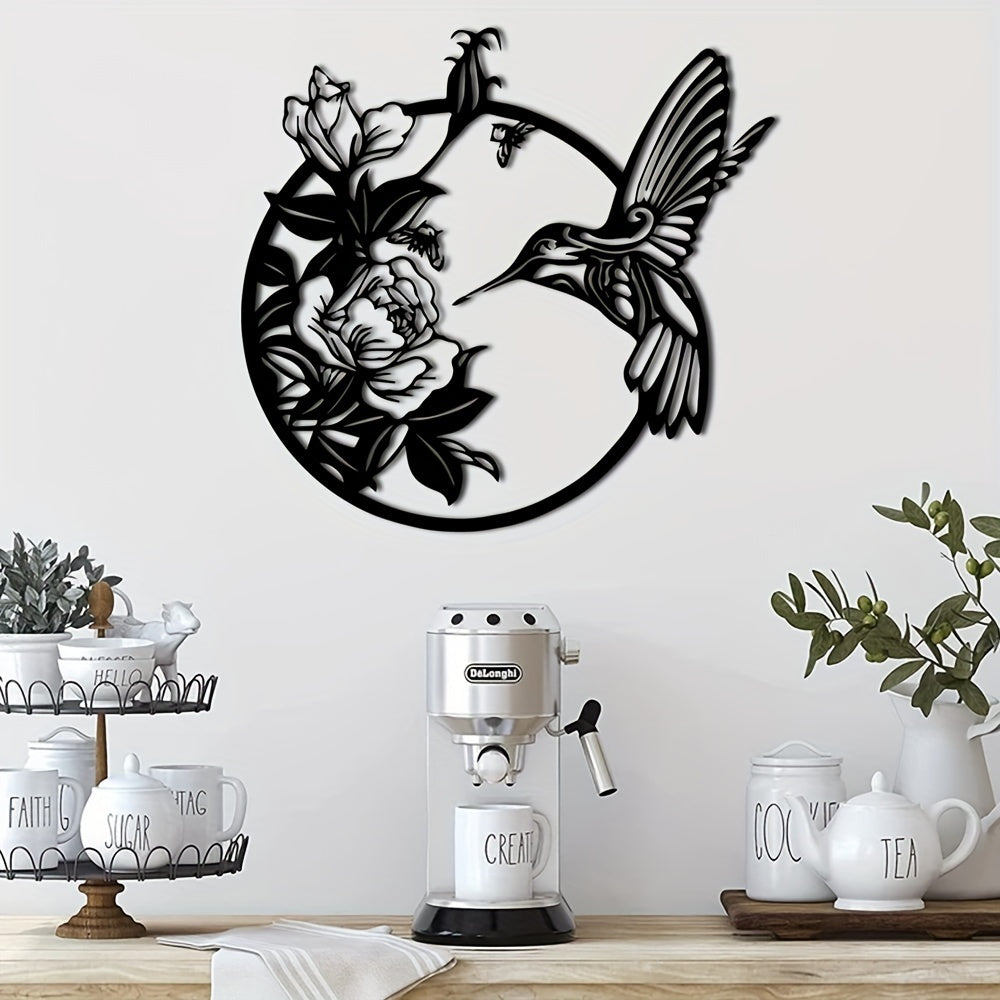 1pc Exquisite Hummingbird Metal Art Deco Wall Decoration - 3D Rustic Black Circular Bird & Floral Design with Intricate Details - Ideal Indoor Outdoor Garden Home Decor Accent