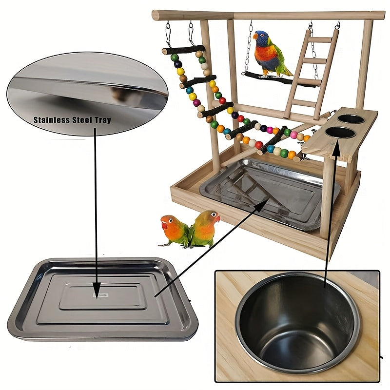 Deluxe Wooden Parrot Playstand with Climbing Ladder, Swing & Chew Toys -
