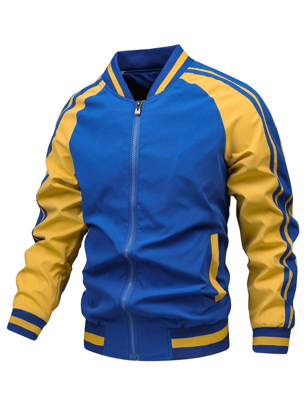 Men's Color Block Graphic Sports Jacket, Casual Striped Zip Up Varsity Jacket For Outdoor Fall Winter