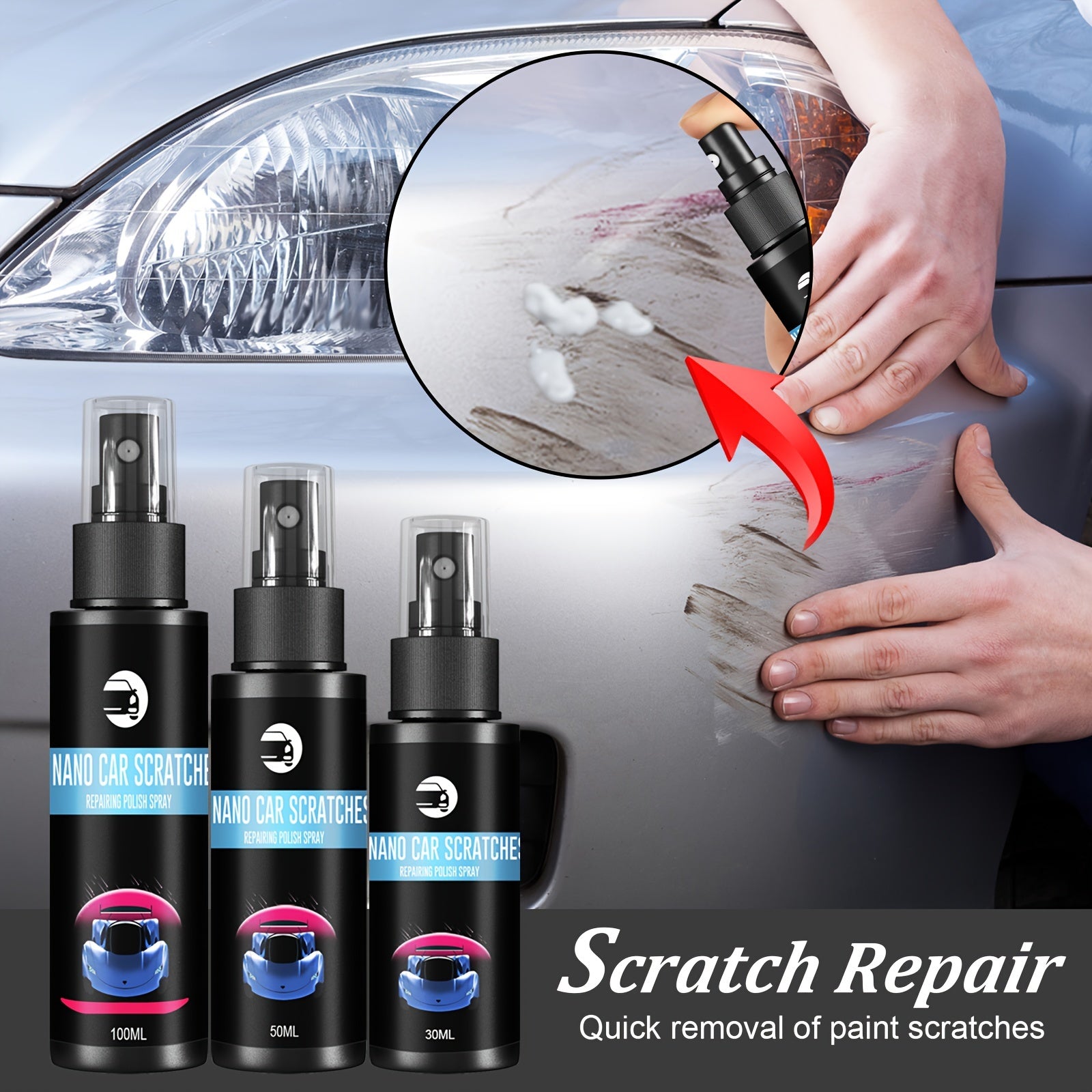 Auto Scratch Repair Spray, 2023 New 3 In 1 Auto Scratch Remover For Deep Scratches, Automotive Nano Spray Coating, Auto Paint Scratch Remover Body