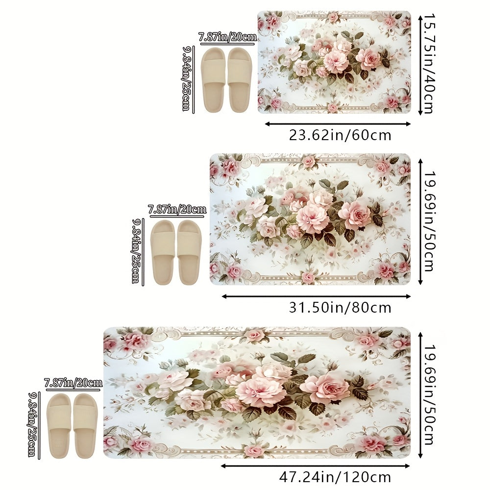 Set of 2 Or 3pcs, Soft Sponge Absorbent Non-Slip Kitchen Rugs with Pink Floral Designs for Spring And Summer, Machine Washable Bathroom Mat Set, Suitable for Bedroom, Kitchen, Living Room, And Bathroom Entryway Mats, Versatil