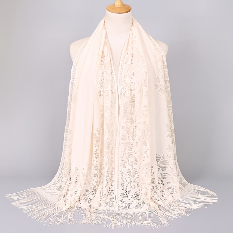 Ladies Women's Floral Lace Scarf Shawl With Tassels, Soft Mesh Fringe Wraps Bridal Shawl For Wedding Evening Party Dresses