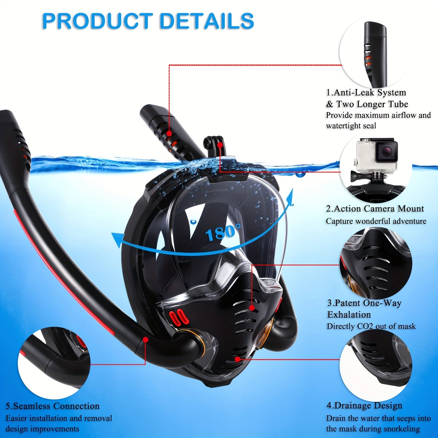 BOKEFA Full Face Snorkel Mask with 180° Panoramic View, Dual Tubes, Camera Mount & Air Pump - Adult Swimming Gear, PC Material, Black (Cameras Not Included), Diving Gear