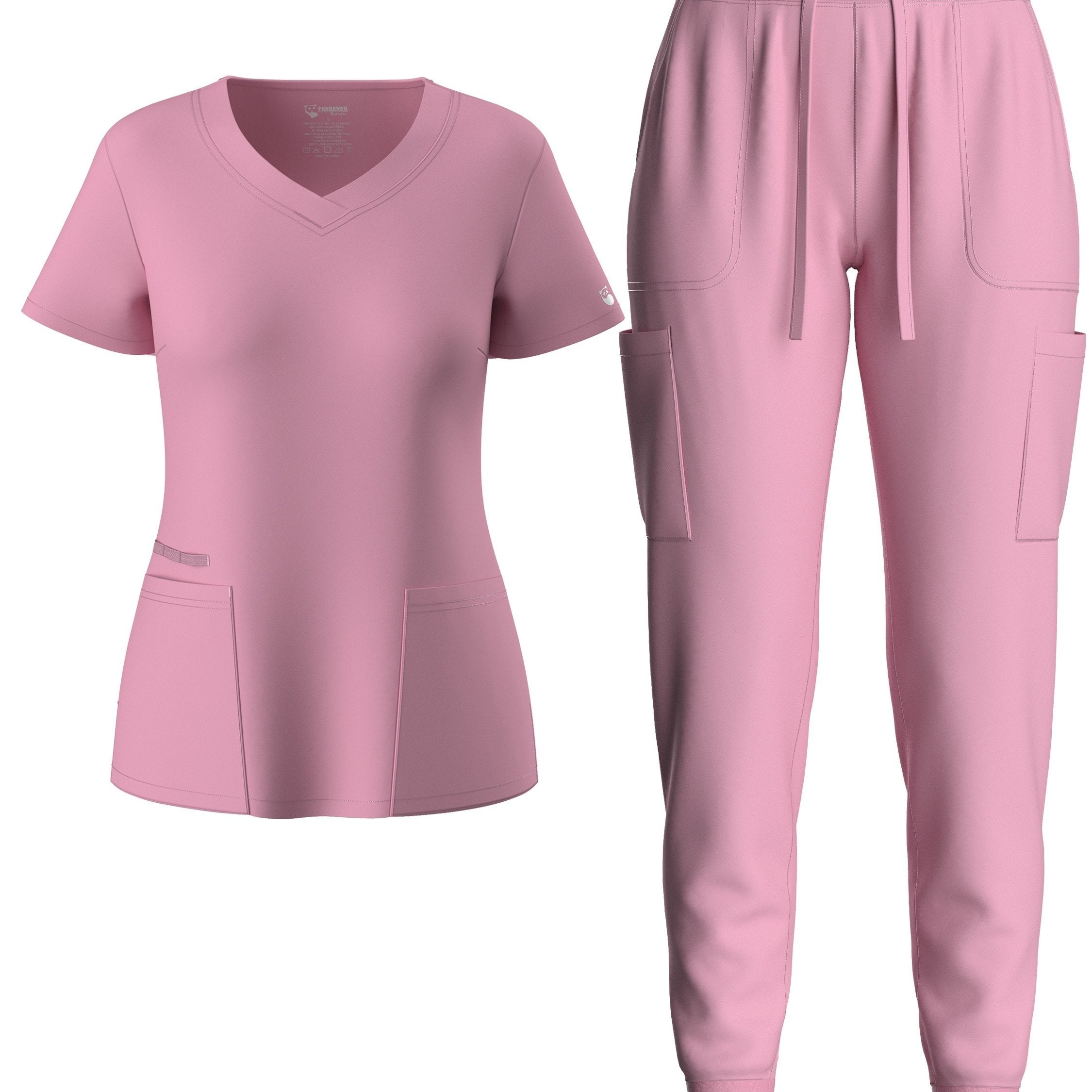 two-piece Elegant Two-Piece Scrub Set for Women: Short Sleeve V Neck Top & Drawstring Pants