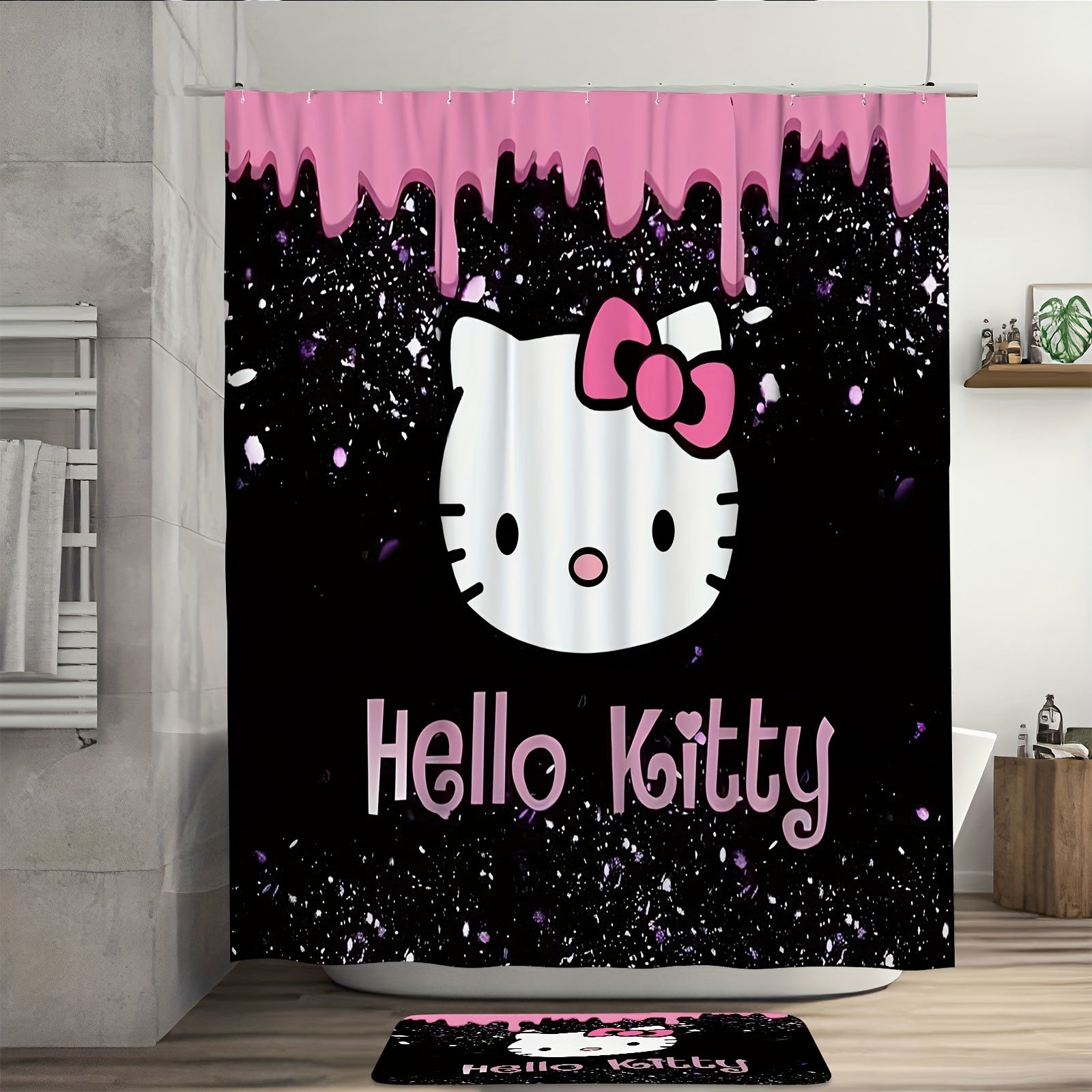 Sanrio Hello Kitty Shower Curtain Sets with Rugs and Hooks, Cartoon Themed Washable Polyester Bathroom Decor, Knit Weave Machine Washable Accessories, All-Season Home Decor Curtain and Mat Set