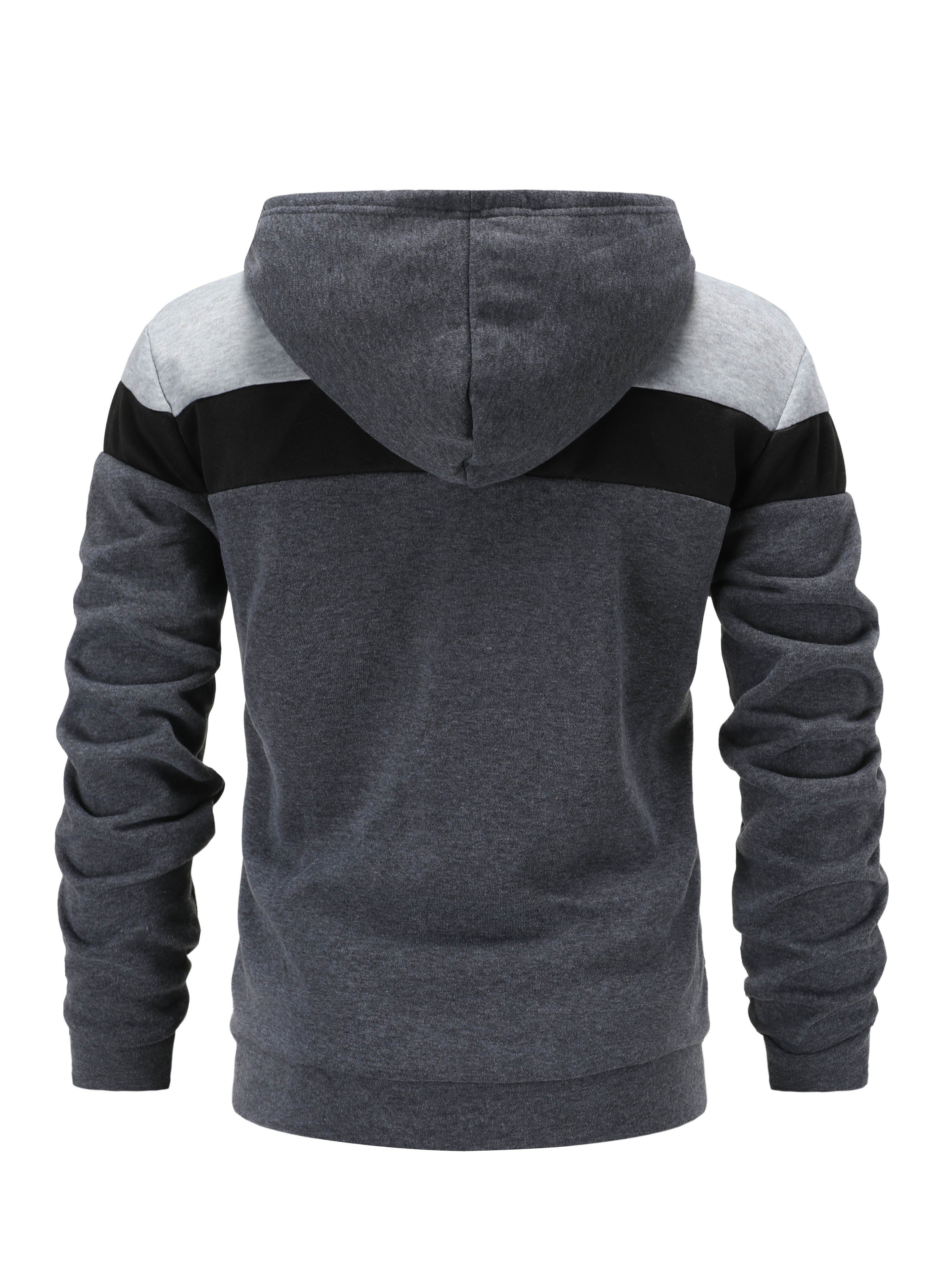 Men'S Casual Hooded Sweatshirt, Solid Color Zip-Up Pullover, Long Sleeve Polyester Knit Fabric, Regular Fit with Slight Stretch, 160gsm - Autumn/Winter Fashion