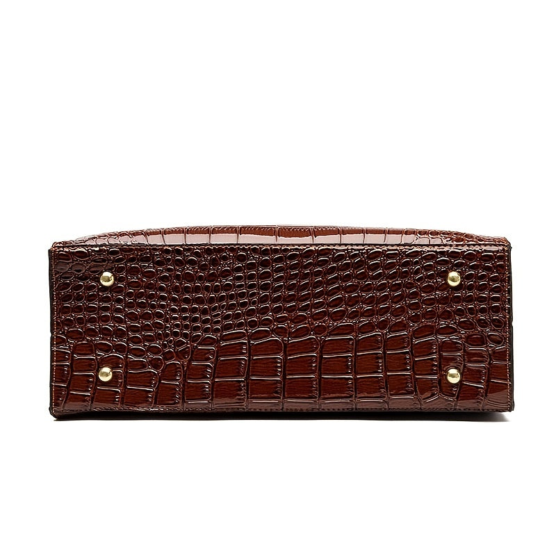 Crocodile Embossed Handbag, Trendy PU Leather Top Handle Purse, Women's Solid Color Shoulder Bag
