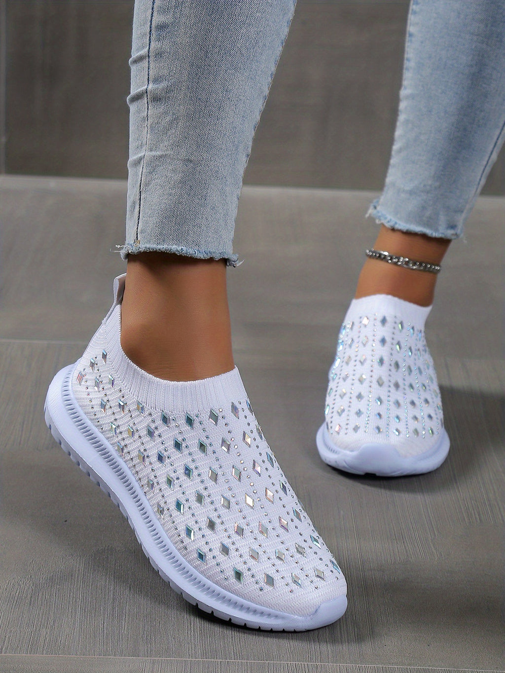 Women's Slip On Sock Shoes, Rhinestone Decor Knitting Low Top Sports Shoes, Breathable Walking Sneakers