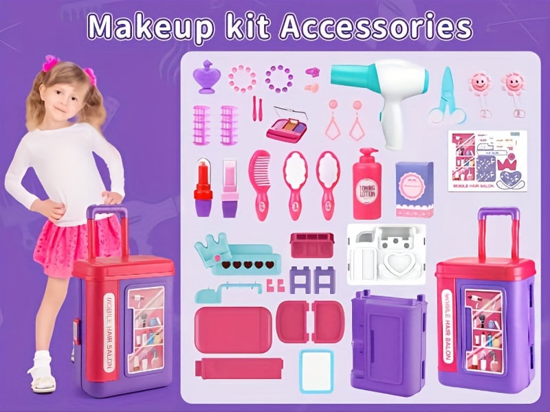 Jovow, Children's Dressing Table Set, 2-in-1 Dressing Table Luggage Trolley Box, Girl Pretending Makeup Toys, Princess Games, Lights And Music, Simulated Hair Dryer Lipstick, Halloween Christmas Gifts