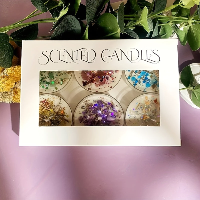 Six Gift Boxes Containing Scented Candles Made with Crystal And Dried Flowers, Adorned with Colorful Sequins. Each Box Features Six Harmoniously Paired Fragrances That Can Elevate The Romantic Ambiance And Serve As Ideal Holi