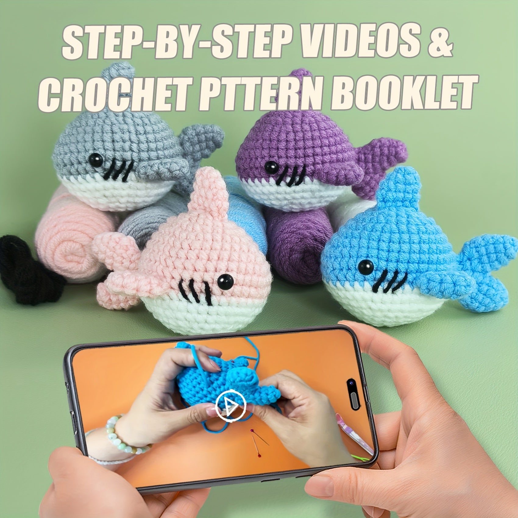 Jeslon 4-Pack DIY Crochet Shark Doll Kit with Yarn, Hooks, Stitch Markers,