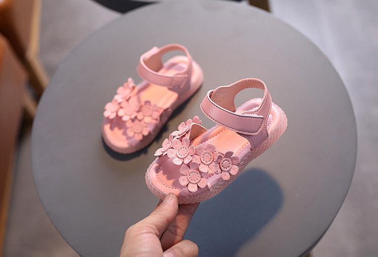 Baby Girls Cute Casual Sandals With Flower Decoration, Non-slip Soft Sole Slip-on Hook And Loop Fastener Shoes For Summer