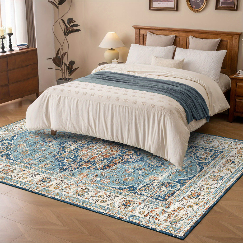 Machine Washable Rug with Non-Slip, Blue Area Rug, Vintage Boho Area Rug for Living Room Bedroom Dining Home Office Rugs