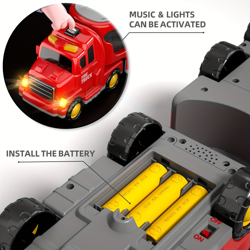 Fire Truck Toys for 3 4 5 Boys Toddlers, 5in 1 Kids Carrier Fire Trucks Cars for Boy Toys Birthday, Car Trucks Friction Power Toys with Light Sound