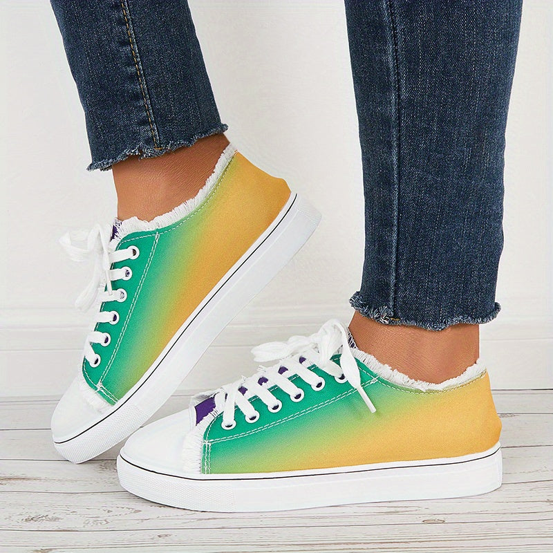 Women's Multicolor Gradient Flat Shoes, Lightweight Comfortable Lace Up Sports Shoes