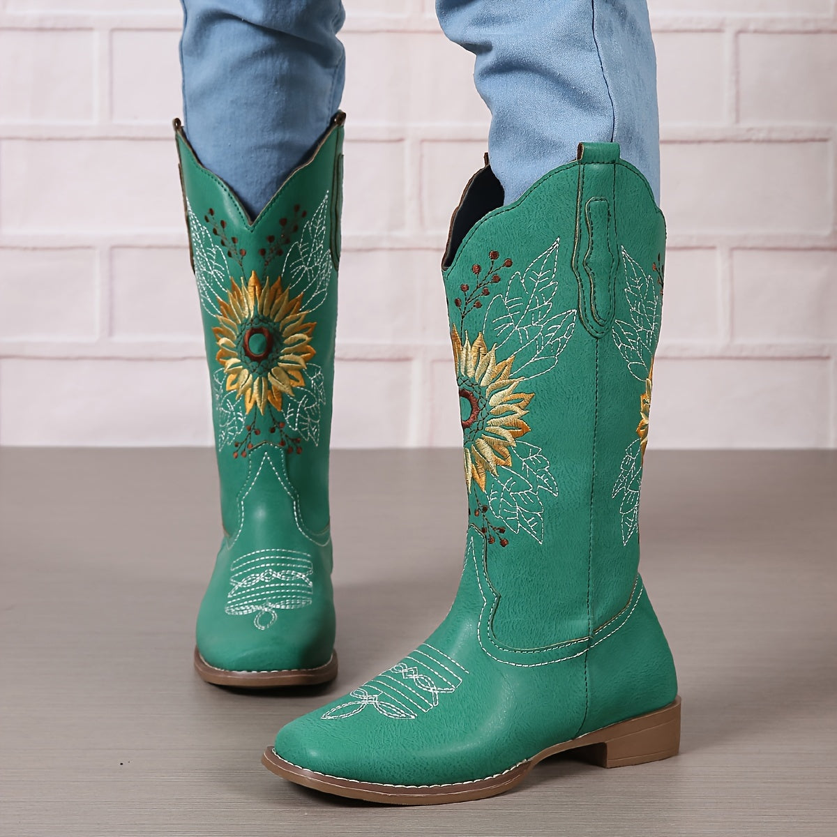 Women's Embroidered Mid Calf Western Boots, Faux Leather Fashion Boots, Women's Footwear