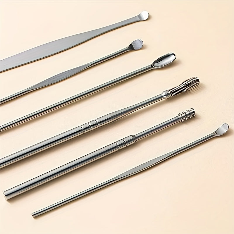 6pcs Spiral Spring Ear Cleaning Kit with Soft & Sturdy Ear Spoon & Probe Tools - Portable Manual Ear Wax Remover Set for Safe Ear Hygiene Care, Travel-Friendly Earwax Removal Tools (No Batteries/Electricity)