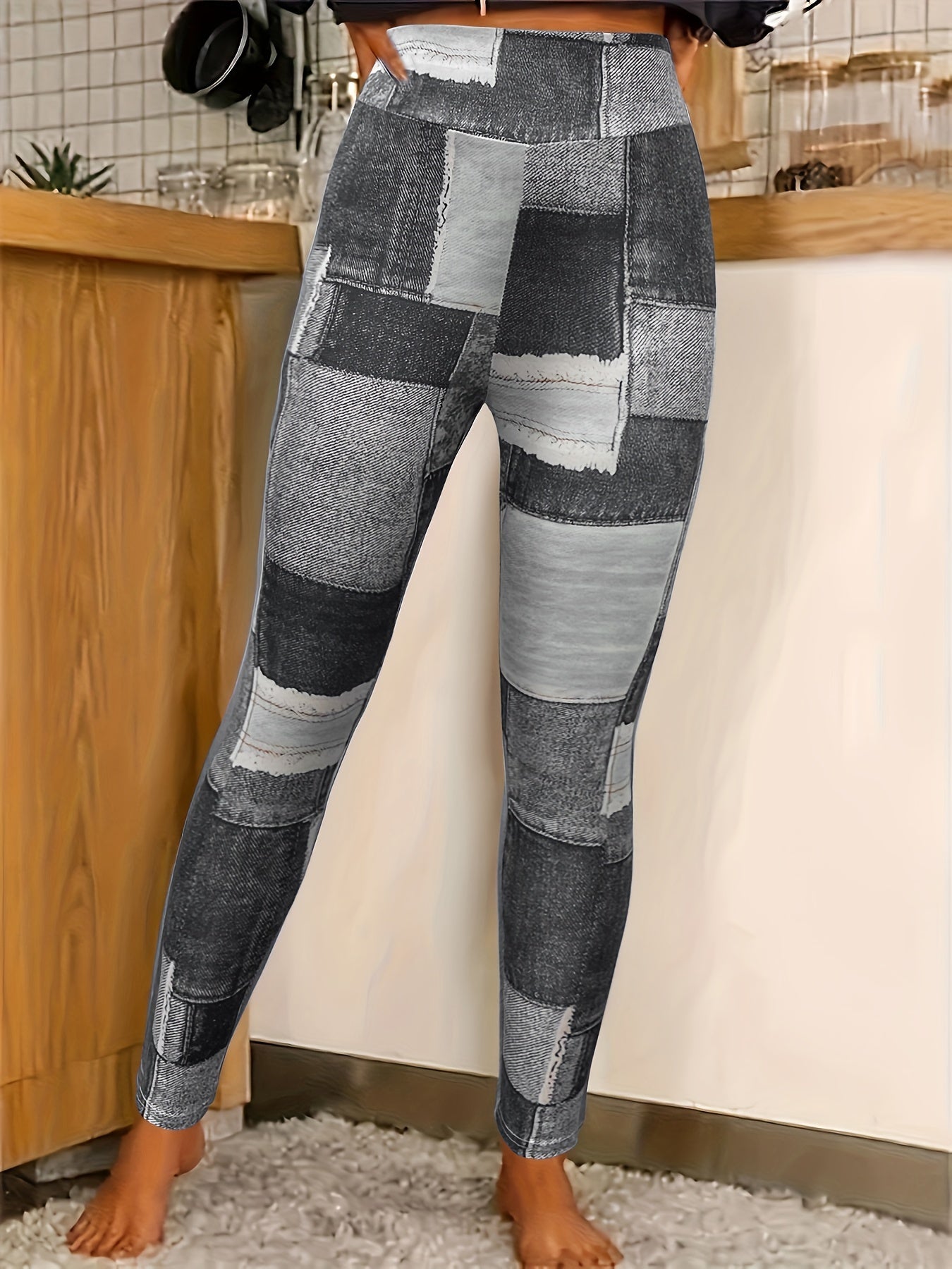 Yoga Fitness Leggings, Plaid Panel Denim Print High Waist Sports Pants, Women's Activewear