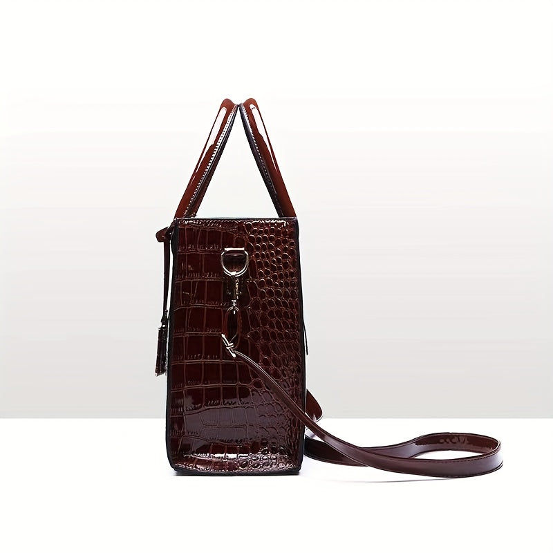 Crocodile Embossed Handbag, Trendy PU Leather Top Handle Purse, Women's Solid Color Shoulder Bag