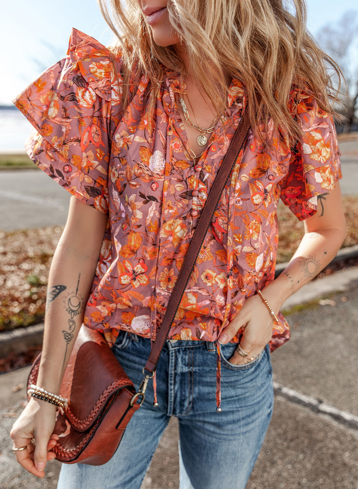Orange Floral Frilled Blouse FB
