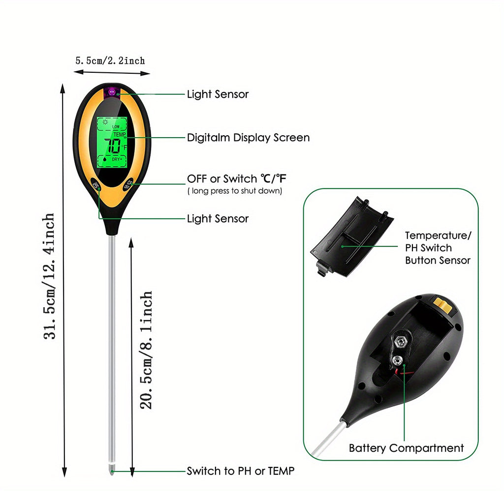1pc 4-in-1 Soil Detector Light Temperature Soil Moisture Meter PH Value Soil Tester, Plant & Soil Monitoring