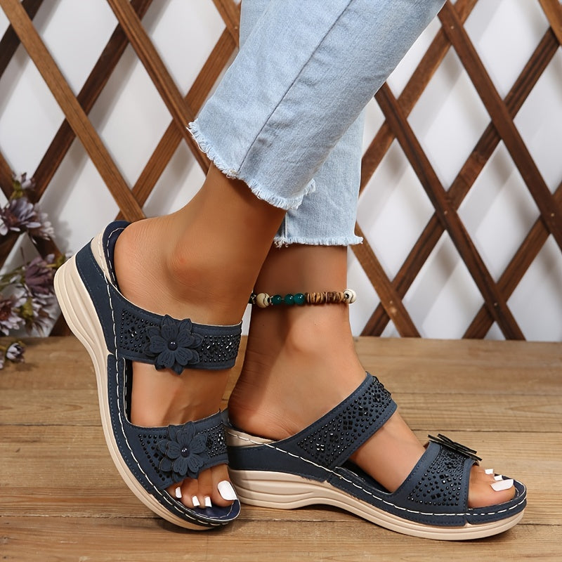 Women's Flower & Rhinestone Wedge Slippers, Solid Color Open Toe Non Slip Arch Support Slides Shoes, Casual Retro Sandals