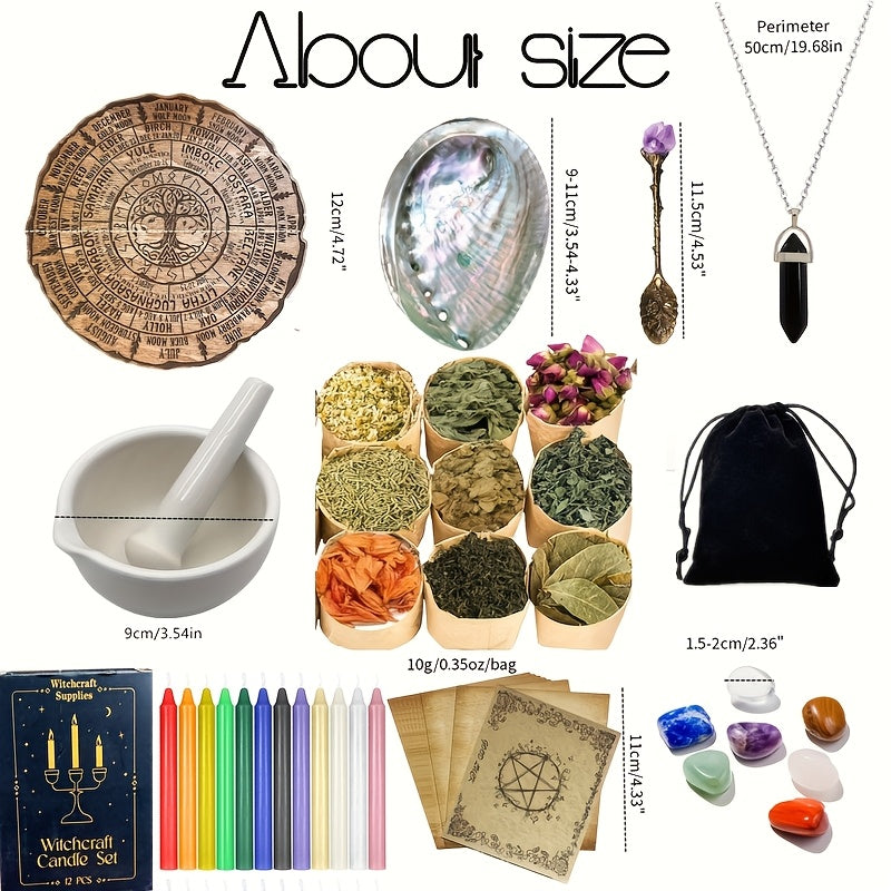 Witchcraft Kit with Grinding And Pounding Tank - Candles, Witches Crystals, Dried Flowers, Vanilla, Beginner Box Starter. Suitable for Full Moon Ceremonies And Decorative Materials for Magic. Ideal for Gifting During Black Hi