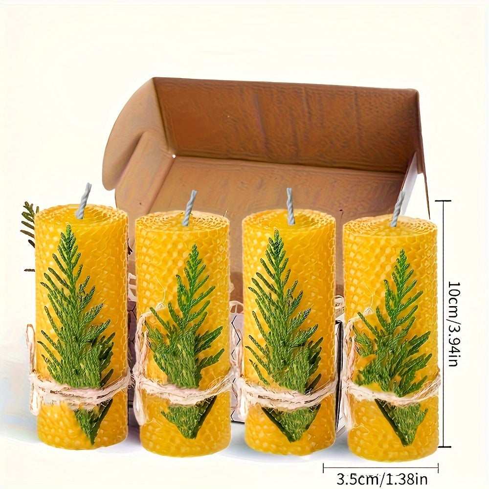 4pcs 100% Beeswax Candles Gift Box Set of 4 Natural Hand Rolled Pillar Candles for Gift And Home Decor,With Honeycomb Texture for Gift And Candle Decor