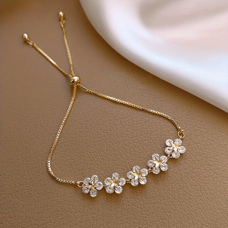 [Shiny Bracelet] Shiny Synthetic Zirconia Copper Adjustable Flower Beaded Chain Bracelet Inlaid | Hand Jewelry Decor for Women