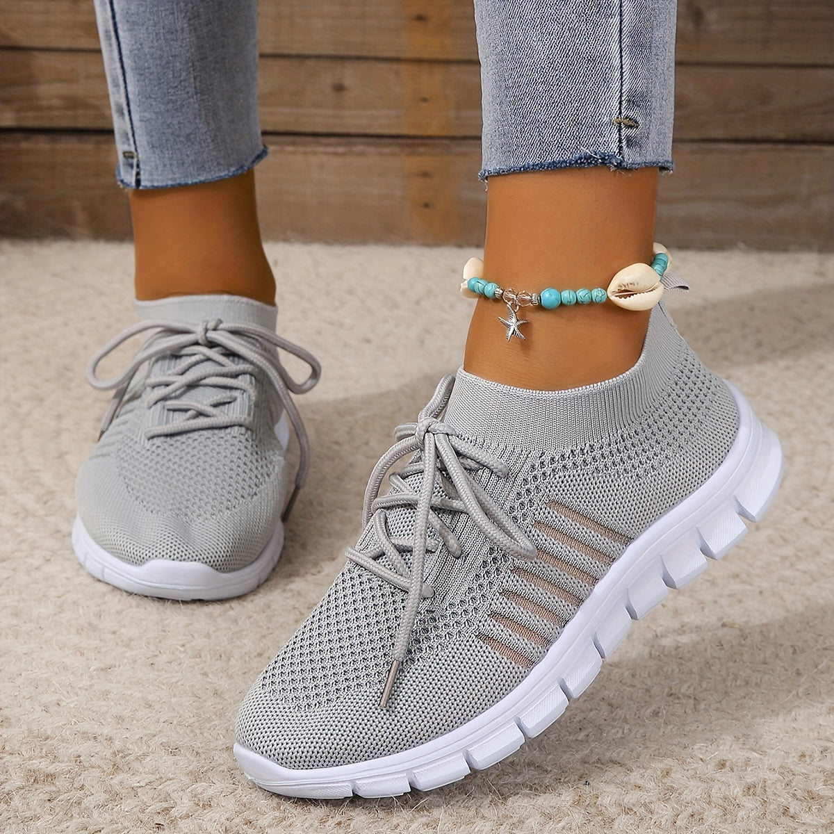 Women's Knitted Sports Shoes, Breathable & Lightweight Low Top Running Sneakers, Casual Outdoor Gym Jogging Trainers Plus Size