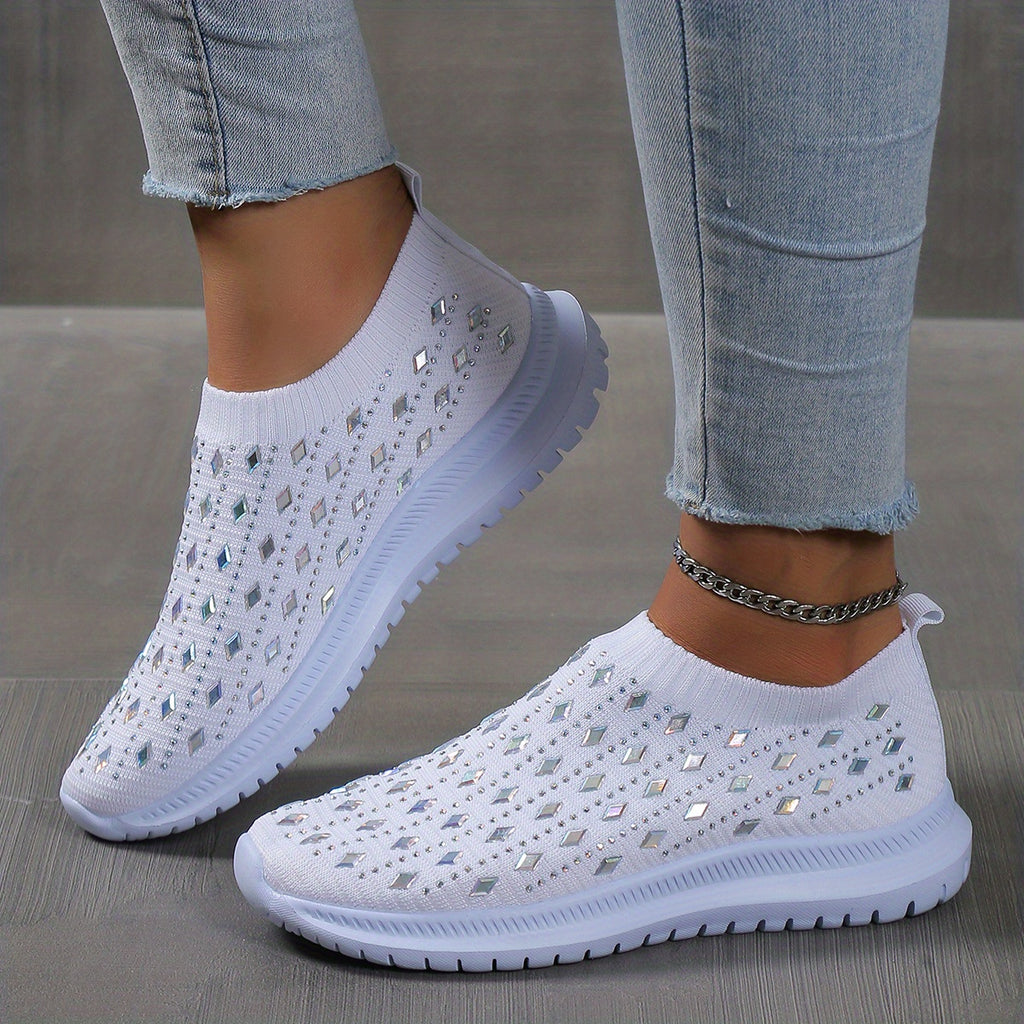 Women's Slip On Sock Shoes, Rhinestone Decor Knitting Low Top Sports Shoes, Breathable Walking Sneakers
