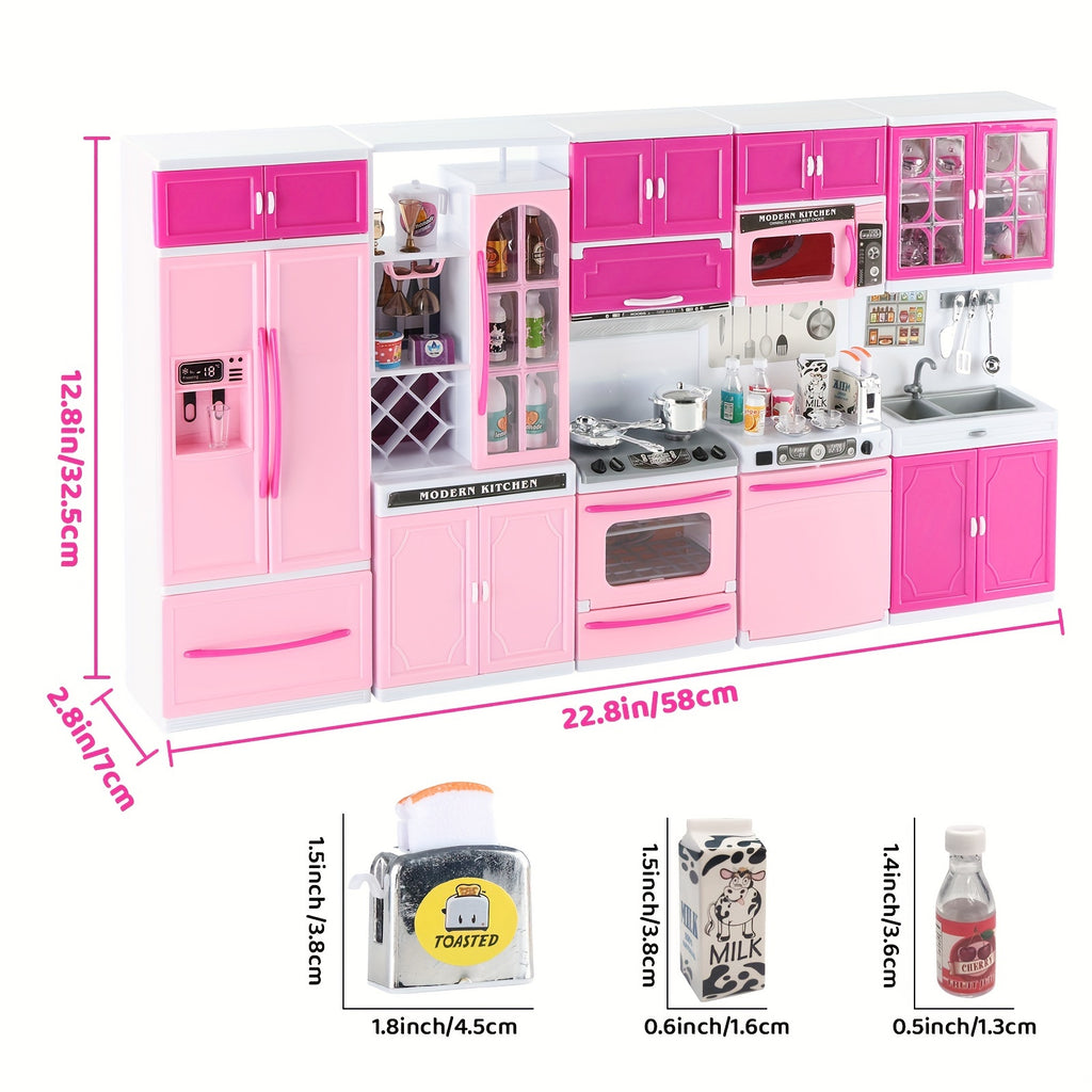 Pink 64 PCS Mini Furniture Sets - Doll Playset Toys With Lights and Sounds