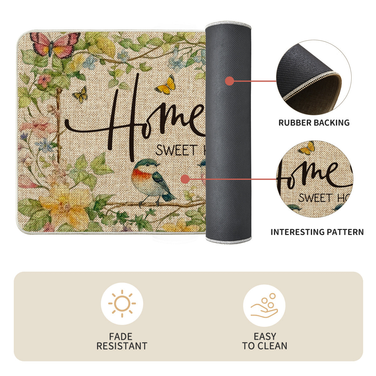 Sm:)e Mode Bird Flowers Home Sweet Home Spring Bathroom Rugs Set of 2, Summer Home Decor Low-Profile Rugs for Floor - 17x29 and 17x47 Inch