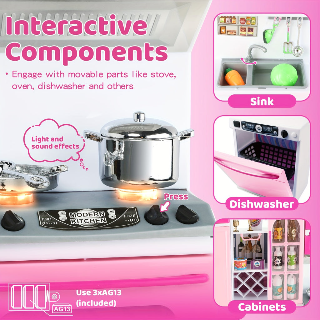 Pink 64 PCS Mini Furniture Sets - Doll Playset Toys With Lights and Sounds