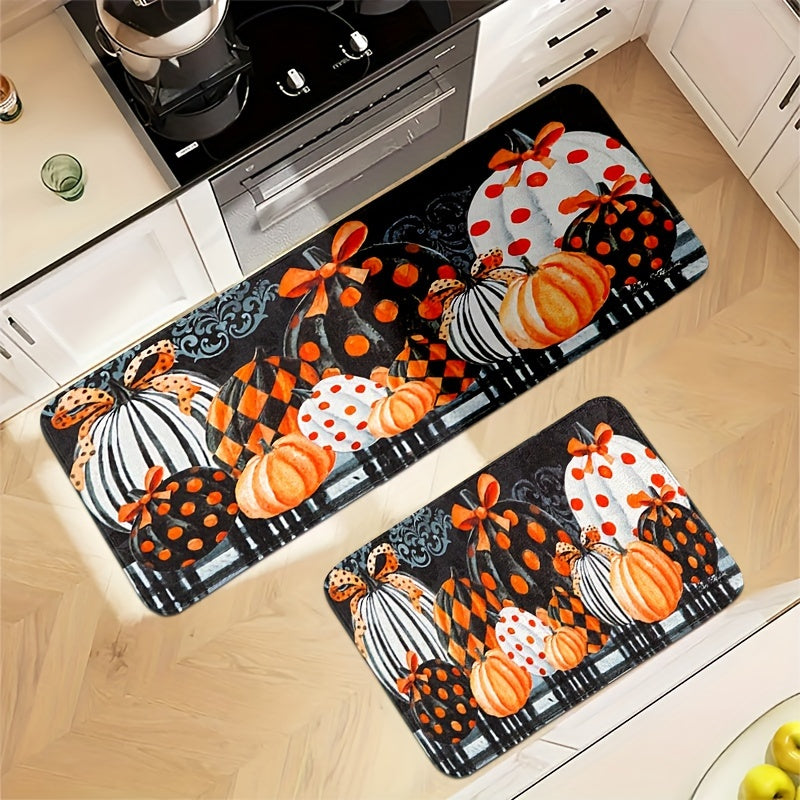Thanksgiving Pumpkin Kitchen Mat Set (2/3pcs) - Autumn Farmhouse Decor, Anti-Fatigue & Non-Slip Flannel Rugs for Sink, Bedroom, Living Room, Dining Area - Easy Clean, Stain-Resistant
