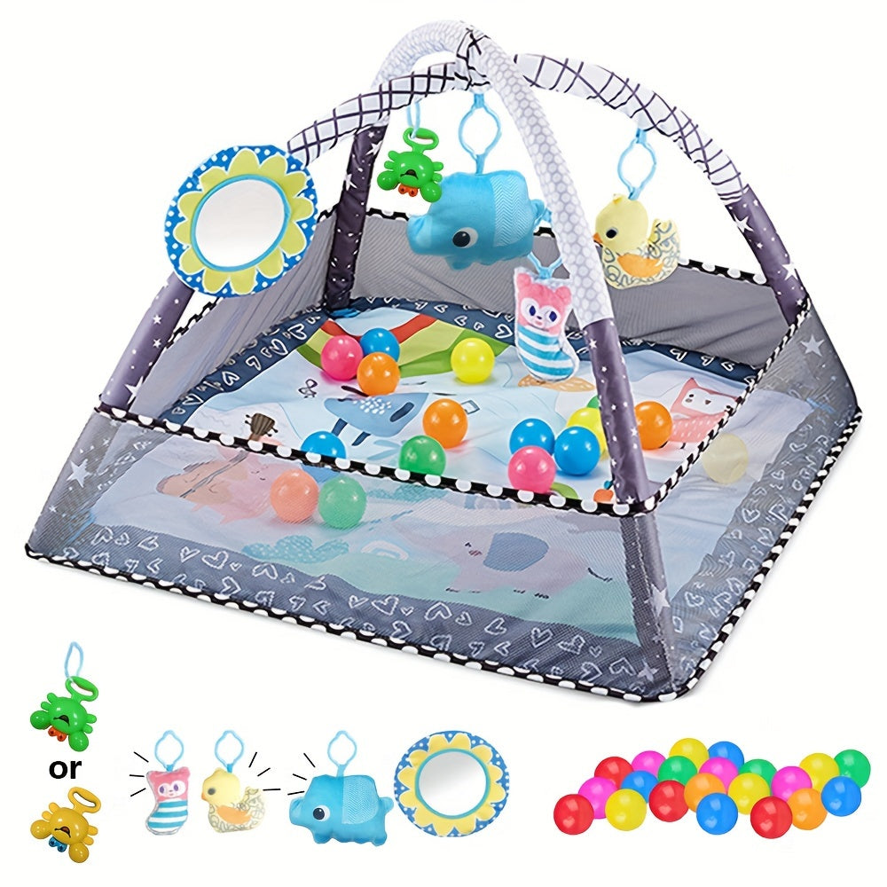 Youngsters Play Gym & Activity Mat Set - 5 Detachable Toys, 20 Ocean Balls, Tummy Time for Motor Skills & Sensory Development - Perfect Youngsters Gift, Soft Polyester, Gray