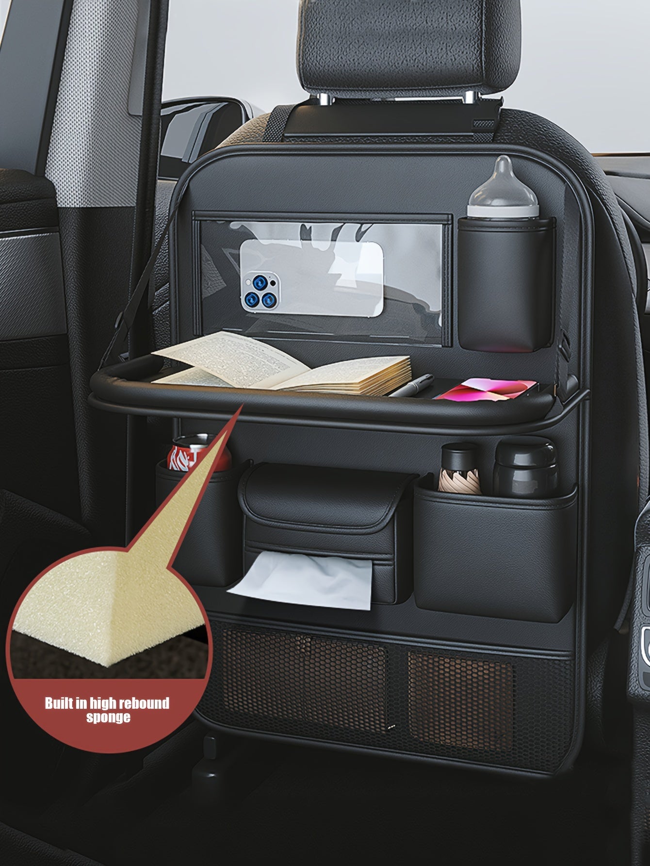1pc/2pcs Heavy-Duty PU Leather Car Backseat Organizer with Foldable Table Tray