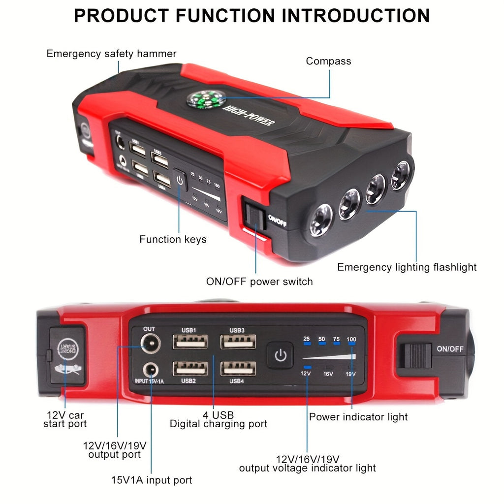 Portable 12V Car Jump Starter - LED Flashlight Emergency Power Battery Booster for Automotive, Motorcycle, Trucks, SUV - Compact, Rechargeable, Multi-Functional, and Safe