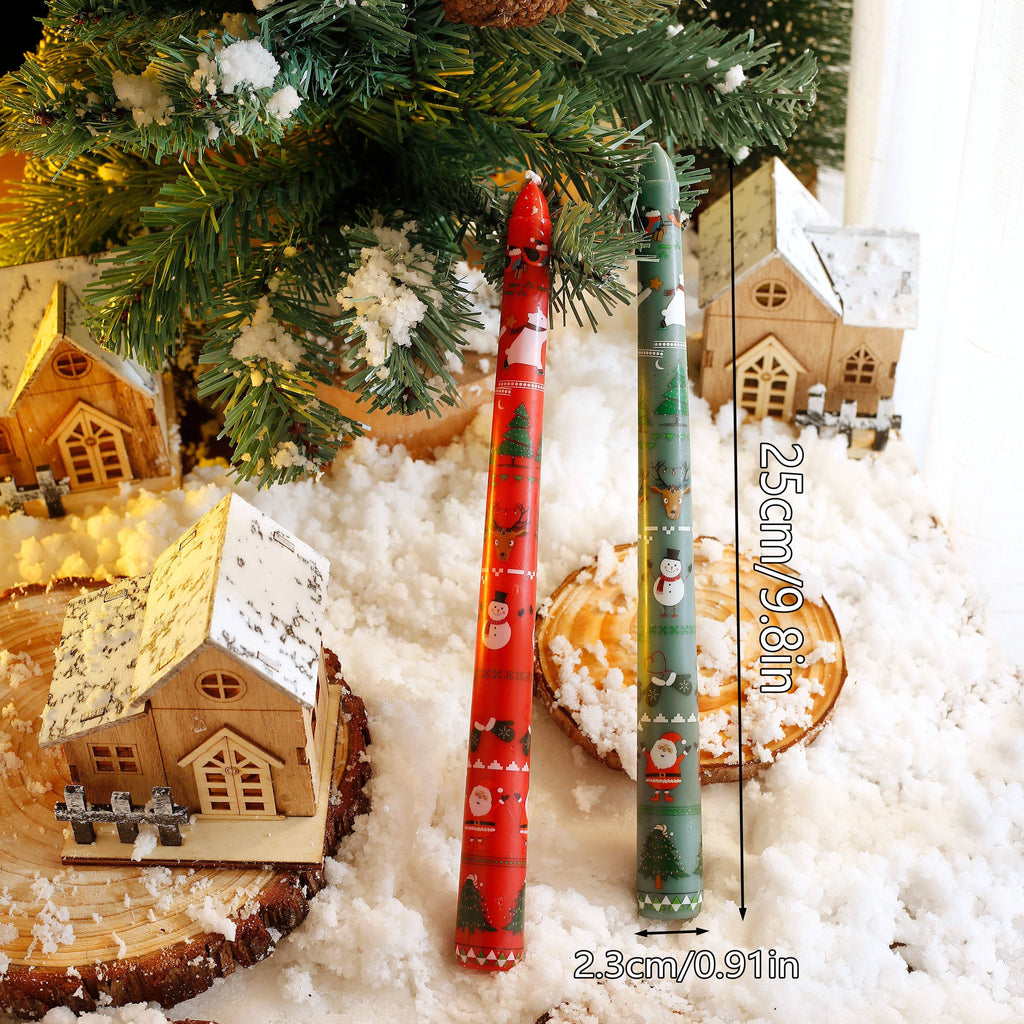2pcs Christmas Themed Decorative Candles - 10-Inch Smokeless Single-Wick Candle Set with Santa, Snowman, Elk & Tree Patterns - Perfect for Dinner, Banquet, And Festive Ornaments
