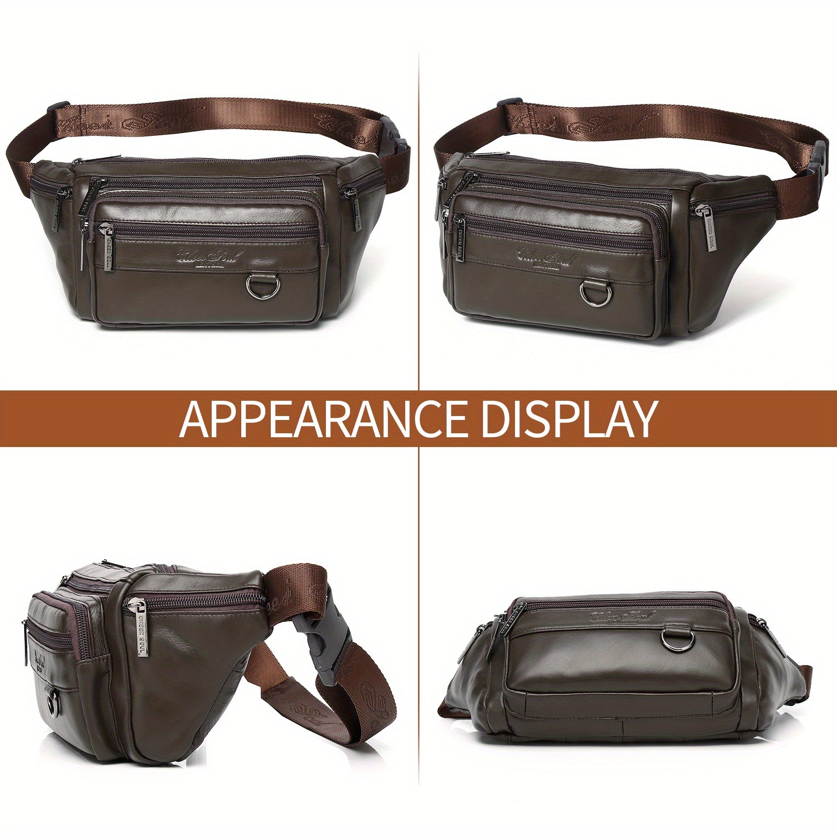 Genuine Leather Men's Waist Bag/Women's Multifunctional Hip Bag/Stylish Multi-Pocket Travel Sports Backpack for Hiking, Cycling, Fishing, And Running