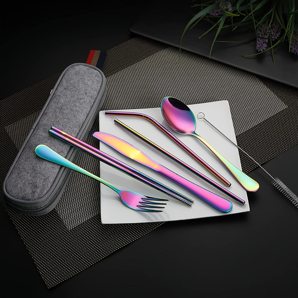 Portable Cutlery Set, 8pcs Travel Camping Utensil Kit with Fork, Spoon, Chopsticks, Cleaning Brush, Straw, and Carrying Case, Stainless Steel Cutlery Set