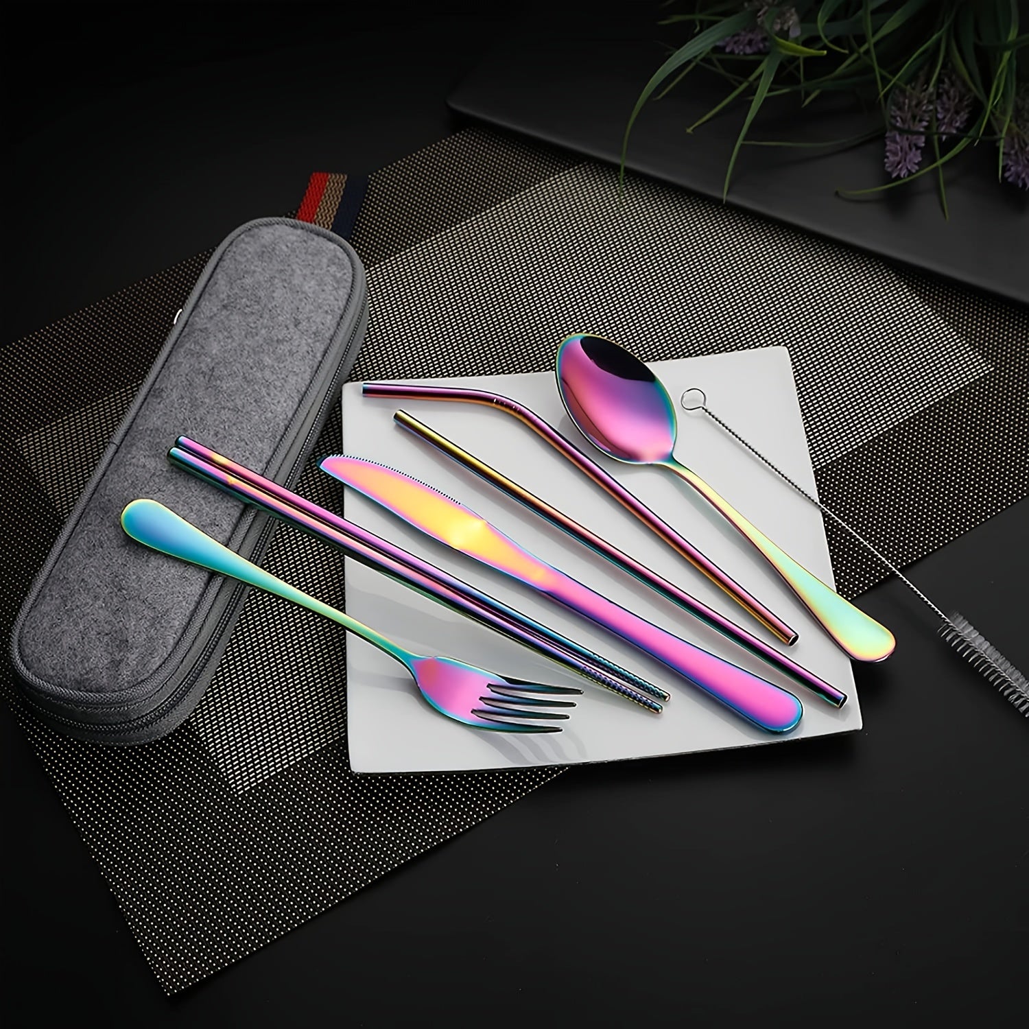 Portable Cutlery Set, 8pcs Travel Camping Utensil Kit with Fork, Spoon, Chopsticks, Cleaning Brush, Straw, and Carrying Case, Stainless Steel Cutlery Set