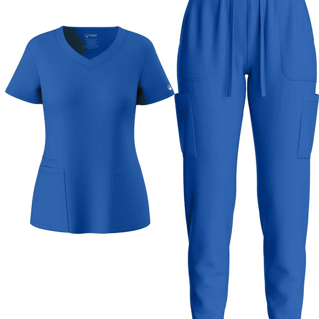 two-piece Elegant Two-Piece Scrub Set for Women: Short Sleeve V Neck Top & Drawstring Pants