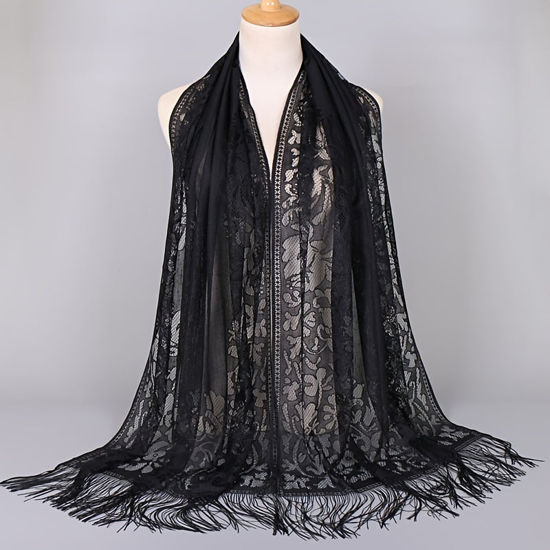 Ladies Women's Floral Lace Scarf Shawl With Tassels, Soft Mesh Fringe Wraps Bridal Shawl For Wedding Evening Party Dresses