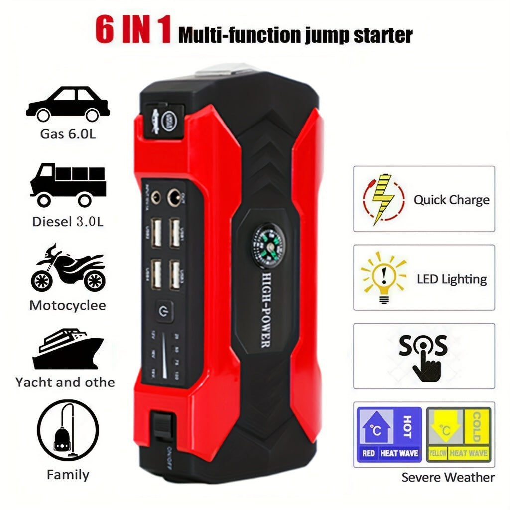 Portable 12V Car Jump Starter - LED Flashlight Emergency Power Battery Booster for Automotive, Motorcycle, Trucks, SUV - Compact, Rechargeable, Multi-Functional, and Safe